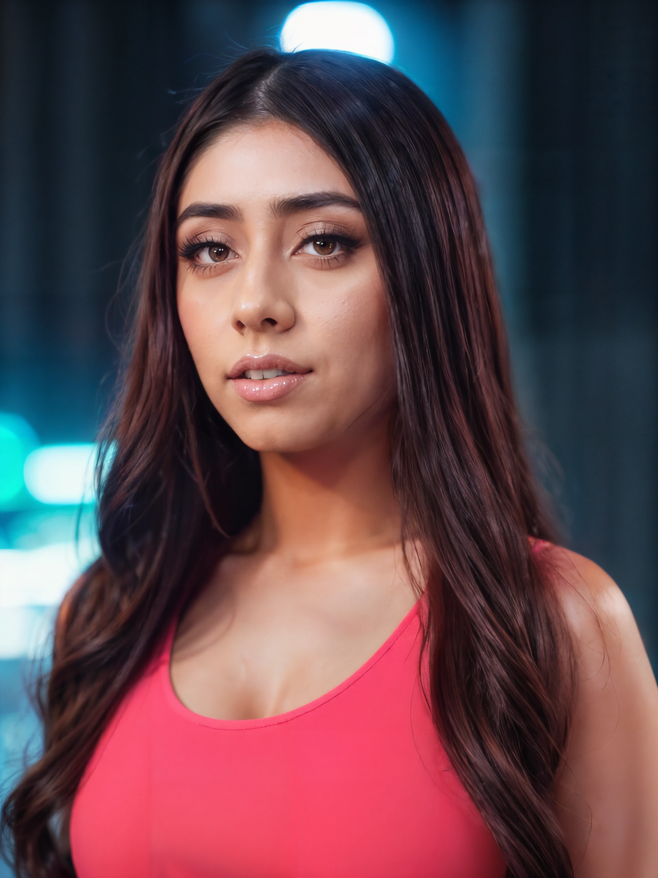 closeup portrait of a beautiful woman, viomyers,  long perfect hair, wearing Sleeveless blouse, High-waisted pants, dystopian cyberpunk city, neon lights, midnight,,,, hard shadows, cinematic, DSLR, 70mm, Canon EOS D600, film grain,  <lora:viomyers-000007:1>,  <lora:add_detail:0.6>