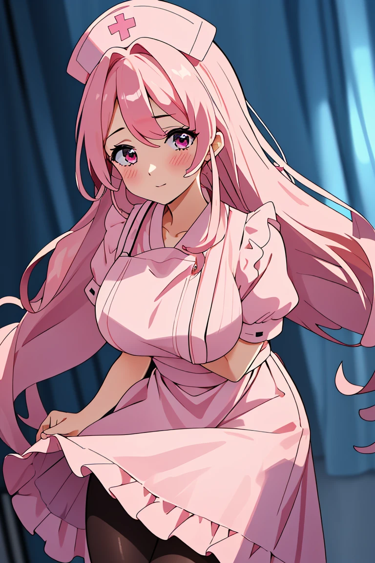 (RAW photo, best quality), (1girl), operating room, overhead surgical light,blurred background, focused,
 <lora:Akiko_Hominitsu_3D18_V1.0:0.8> akiko hoministu, 3dcg_18,pink_hair,pink_eyes,long_hair, 
 <lora:Classic Nurse Old V2:0.8> (nurse_old_style_01, apron, nurse cap, short sleeves, striped dress, puffy sleeves, vertical stripes, nurse, white apron, puffy short sleeves, pantyhose),