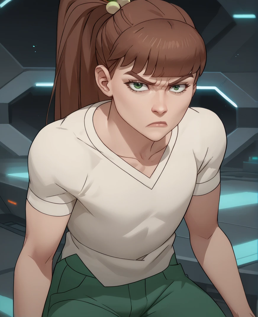 score_9,score_8_up,score_7_up,score_6_up,
amandaxl,ponytail,brown hair,bangs,hair bobbles,green eyes,short sleeves,
tucked out white shirt,green pants,annoyed,looking at viewer,
base,science fiction,
<lora:MonsterGirlA:0.9>,solo,