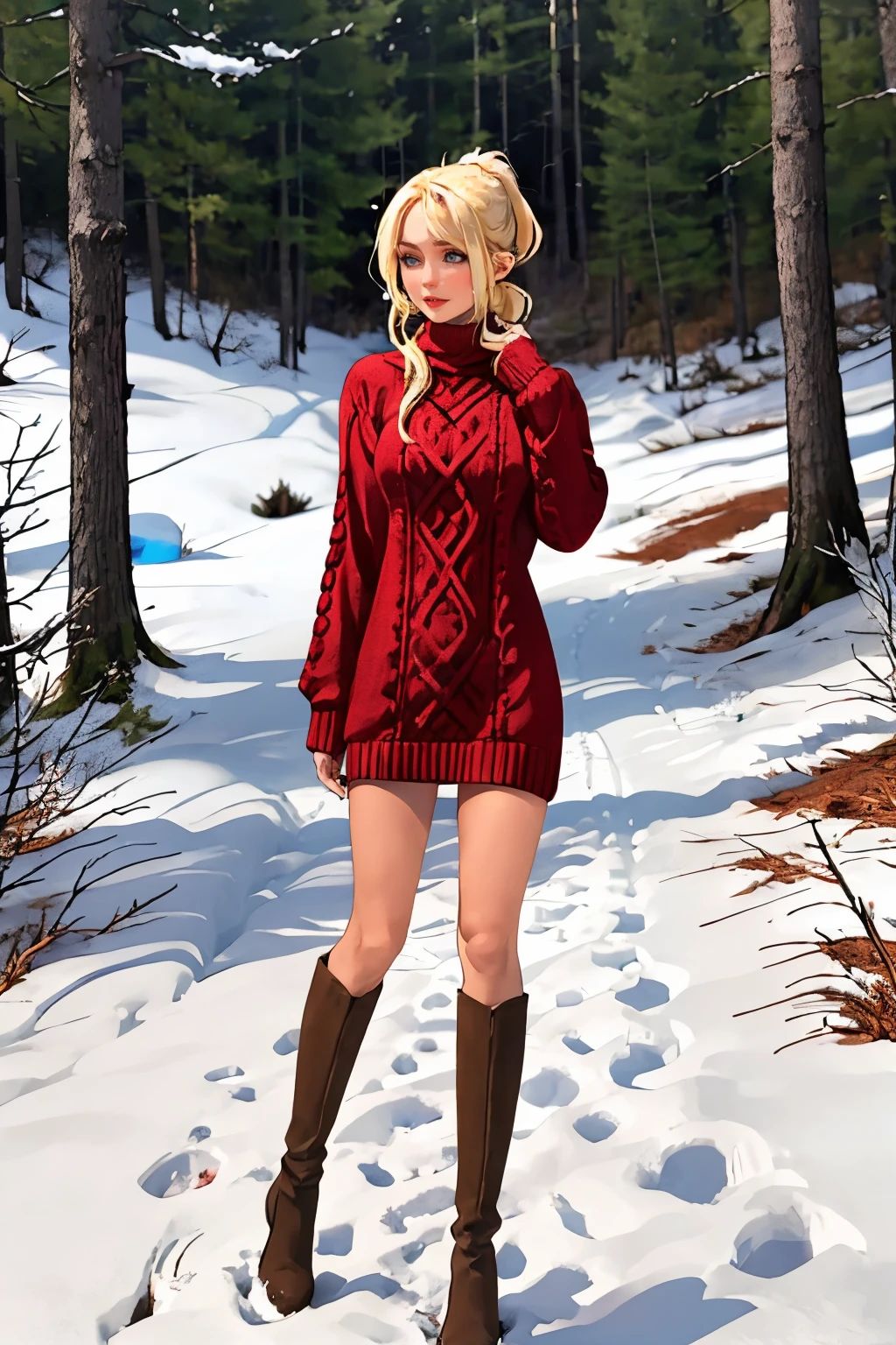 a beautiful college girl with blonde-hair ponytail, irresistible, standing in winter forest, snow, boots, ideal face, (casual:1.2), wearing red tight knitted sweater dress, pale skin, <lora:btknswea:0.7>