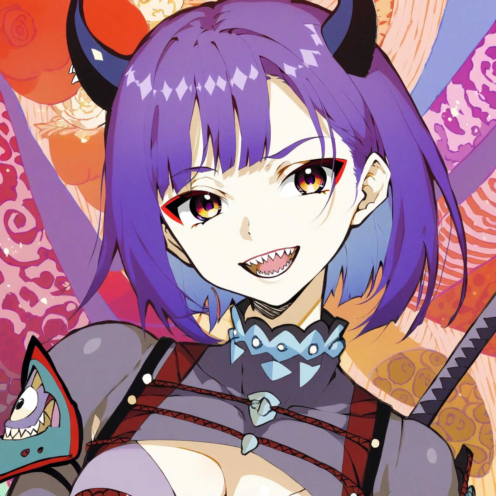 <lora:Atsushi_Ohkubo_Style-000007:1>, by Atsushi Ohkubo, a demon girl, psychedelic hell background, sharp teeth smile, short purple hair, in revealing armor, (best quality:1.3)