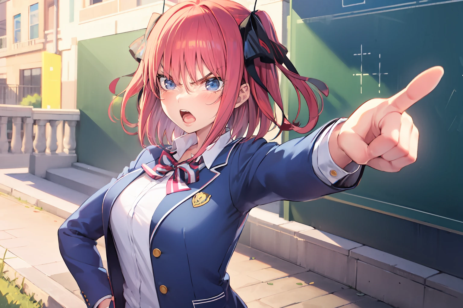 masterpiece, best quality,  1girl, <lora:Nino_Nakano_-_From_Quintessential_quintuplets:0.9> nakanonino, school uniform, blue jacket, angry, v-shaped eyebrows, screaming, standing, hand on own hip, hand up, foreshortening, pointing at viewer, wide shot