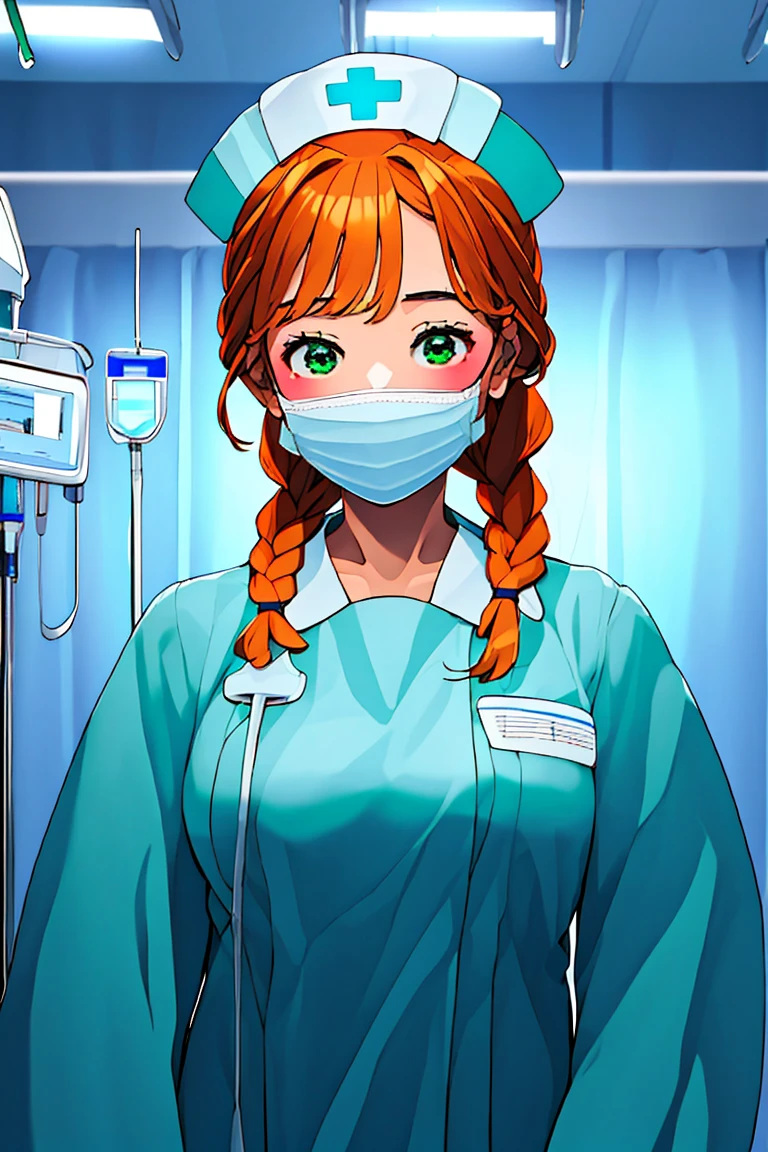 (RAW photo, best quality), (1girl), operating room, overhead surgical light,blurred background, focused,
 <lora:Fumiko_Miyashita_3D21_V1.0:0.8> fumiko miyashita, 3dcg_21,orange_hair,green_eyes,twin_braids,hair_on_shoulders, 
 <lora:nurse_gown_V1.0:0.8> (nrs_gown, gloves, long sleeves, nurse cap, nurse, surgical mask),