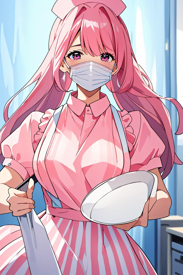 (RAW photo, best quality), (1girl), operating room, overhead surgical light,blurred background, focused,
 <lora:Akiko_Hominitsu_3D18_V1.0:0.8> akiko hoministu, 3dcg_18,pink_hair,pink_eyes,long_hair, 
 <lora:Classic Nurse Old V2:0.8> (nurse_old_style_01, apron, nurse cap, short sleeves, striped dress, puffy sleeves, vertical stripes, nurse, white apron, puffy short sleeves, pantyhose),