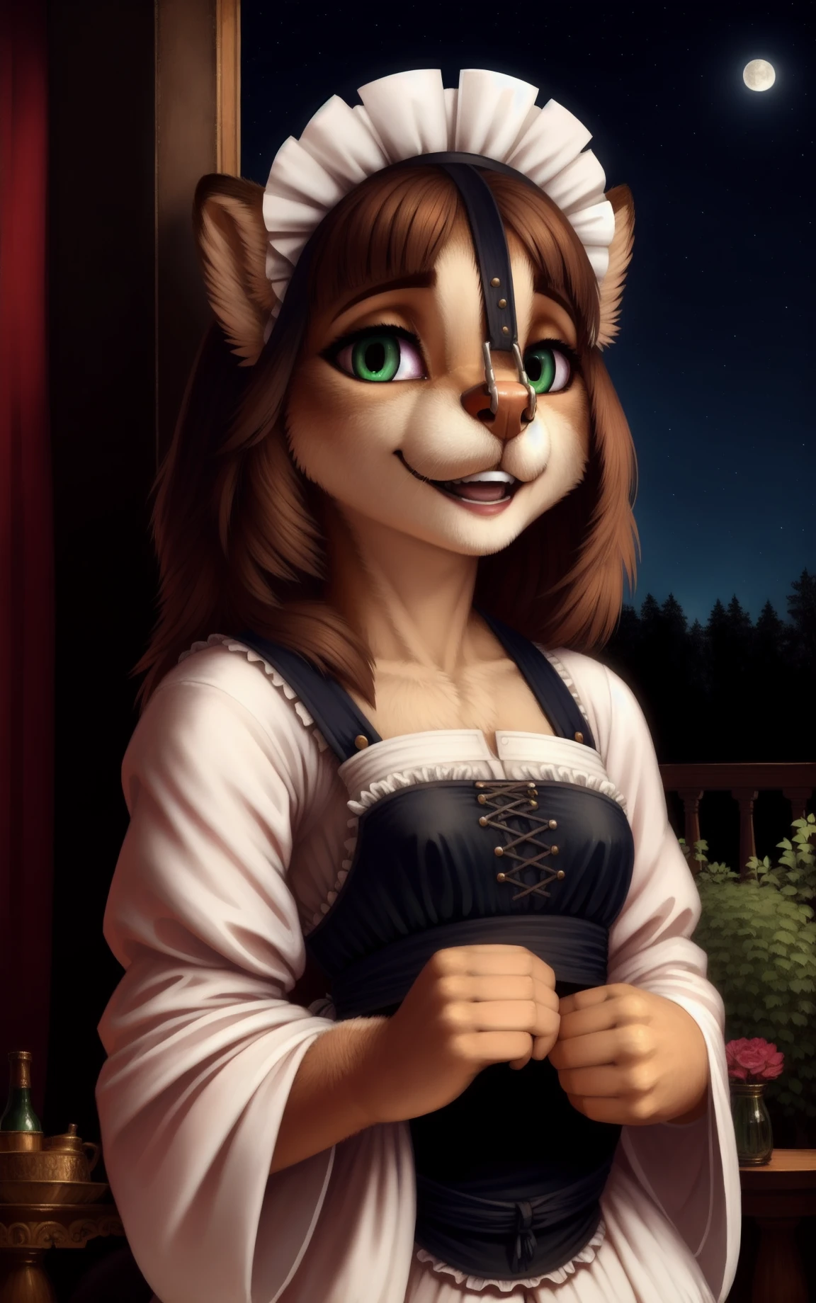 1girl, solo, anthro, female, nose_hook, sexy, suggestive, girl, brunette, maid, happy, french maid outfit, countryside mansion at night, cleaning, trending artwork by Albert Bierstadt, realistic, high detail, beautiful, 4k, artstation, soft vibrant colors, finely tuned detail, fully dressed, flowing robe, detailed face, green eyes, realistic and brown face, big eyes, grinning at camera, staring at the camera, beautiful eyes, detailed lips, portrait <lora:nose_hook_Yiffy36_v1:0.8>