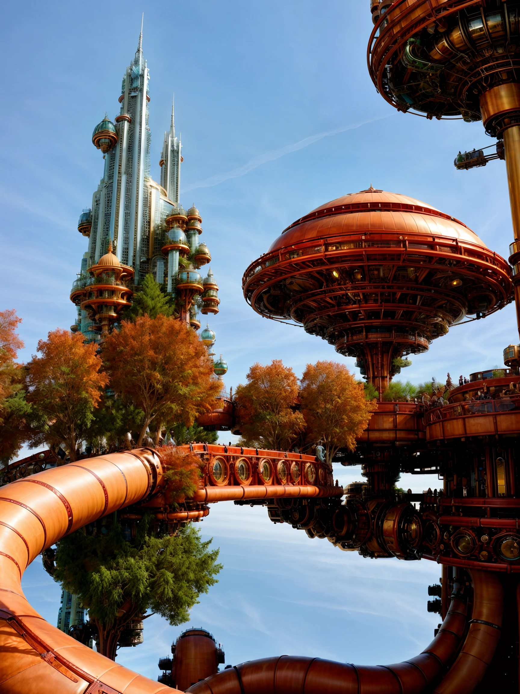 impossible architecture, absurd mechanical trees, surreal cityscape, cosmic steampunk