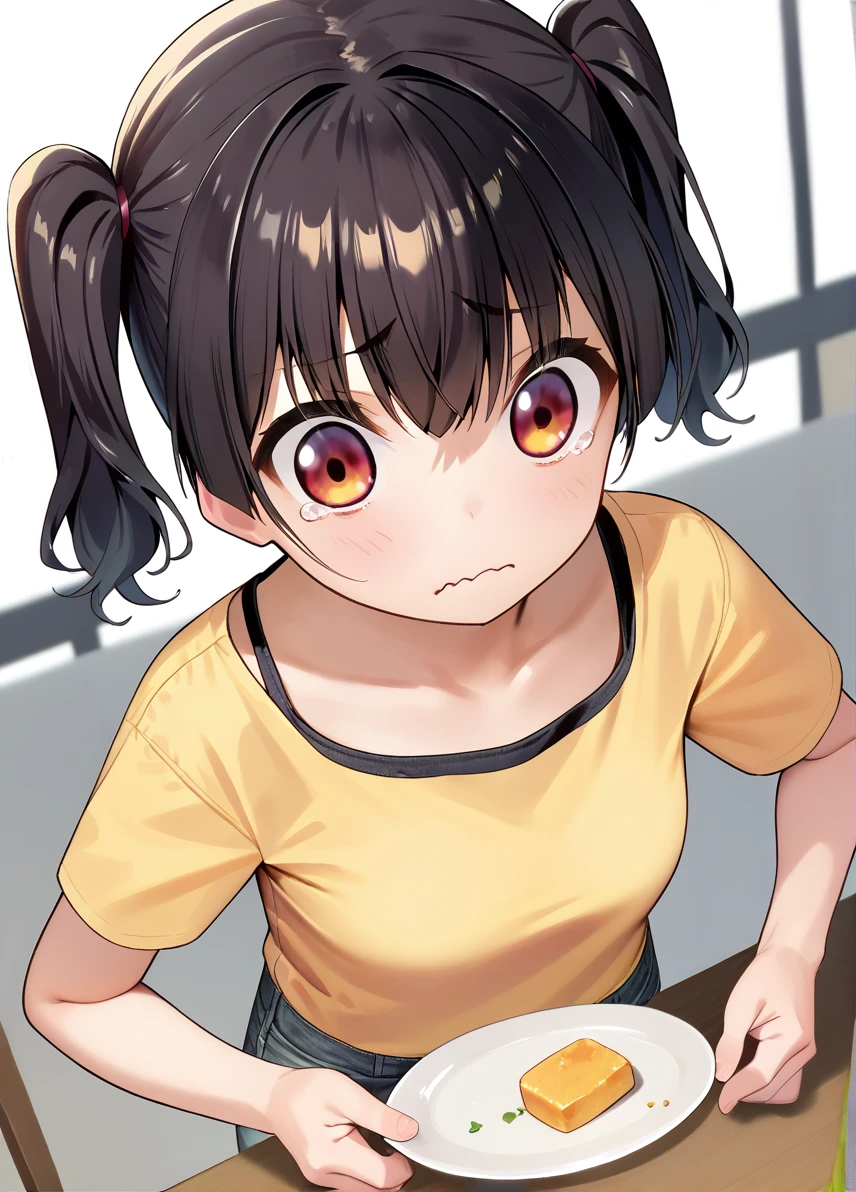 score_9, score_8_up, score_7_up, score_6_up, rating_safe, a girl holding an empty plate, tearing up, o o, wavy eyes, wavy mouth,
<lora:kaedeokostyle_and_sasakikanna_pony6_v1:.6>sasaki kanna \(kaedeko\), short twintails, yellow crop top, denim shorts <lora:maeshima_ryo_style_xl_v1:1.2>