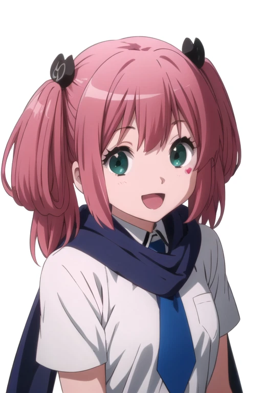 solo, 1girl, looking at viewer, 2D, anime, anime coloring, upper body, (simple background, solid white background:1.3), <lora:satone-chu2byo:0.8>, satone shichimiya, school uniform, scarf, necktie, smile, :d