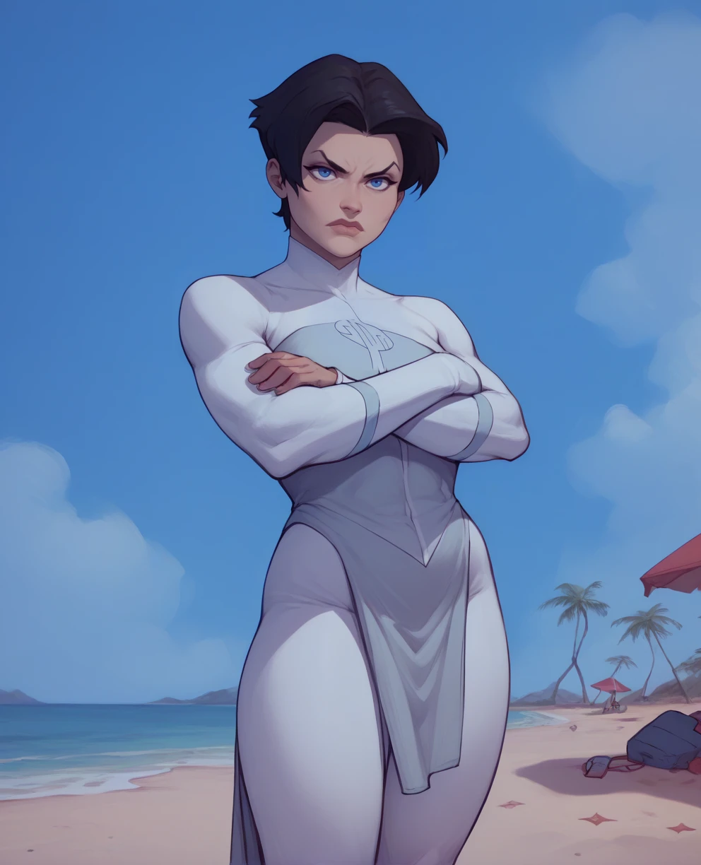 score_9,score_8_up,score_7_up,score_6_up,
anissaxl,black hair,blue eyes,short hair,
white bodysuit,long sleeves,white pants,short pelvic curtain,
crossed arms,
standing,beach,<lora:anissa:1>,