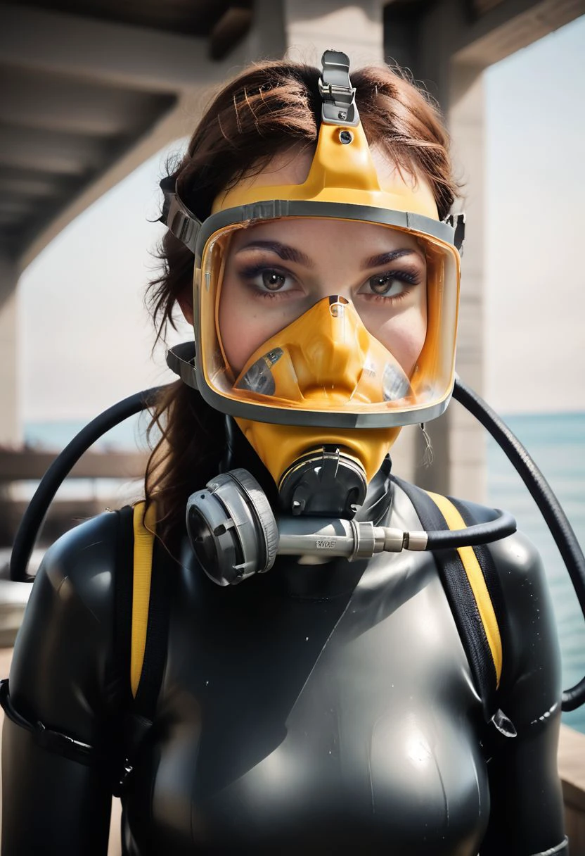 1girl, solo, wetsuit, yellow mask, air_tank, bedroom, looking at viewer, perfect light, realistic, blurry background