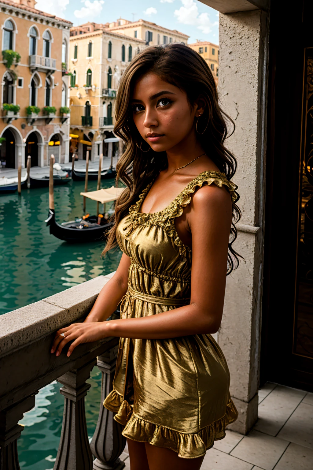 masterpiece, highly detailed 8k, best quality, volumetric lighting, volumetric lighting, intricate, Butterscotch medium hair young woman in Paper Bag Brown rfdrss, tears, Light Green eyes, Balconies Overlooking Venetian Canals background <lora:ruffled dress v4.2:1>