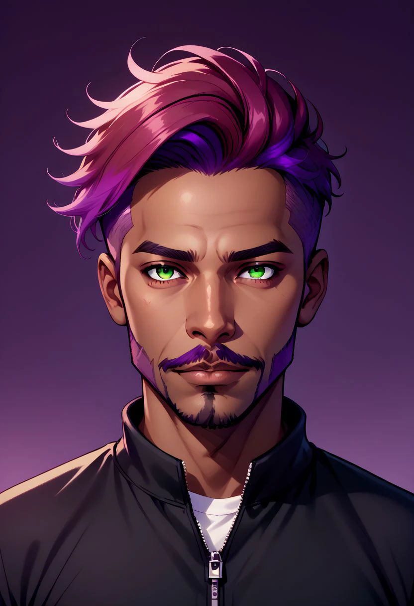 Cameron X'voor, 1boy, male focus, dark skin, dark skinned male, gradient hair, multicolored hair, green hair, maroon hair, purple hair, green eyes, facial hair, beard, gradient, gradient background, looking at viewer, male focus, mature male, mustache, black shirt, purple background, shirt, short hair, solo, undercut, upper body, white shirt, zipper PonyXLV6_Scores zPDXL