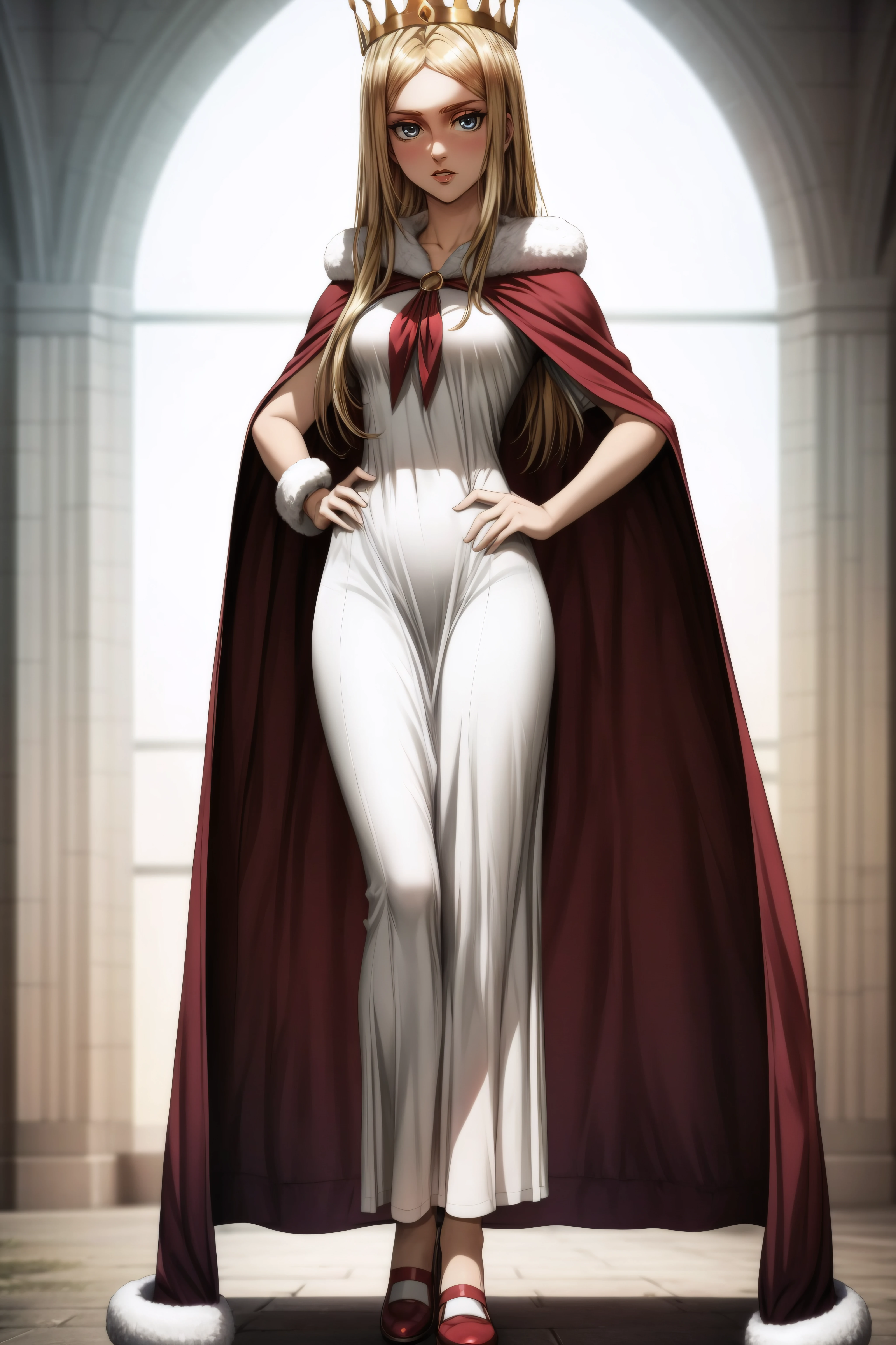 (masterpiece, best quality), <lora:historia reiss-lora-Faxtron:0.8> historia reiss, long hair, medium breasts, white dress, red cape, fur trim, crown, shoes,
<lora:add_detail:0.8>