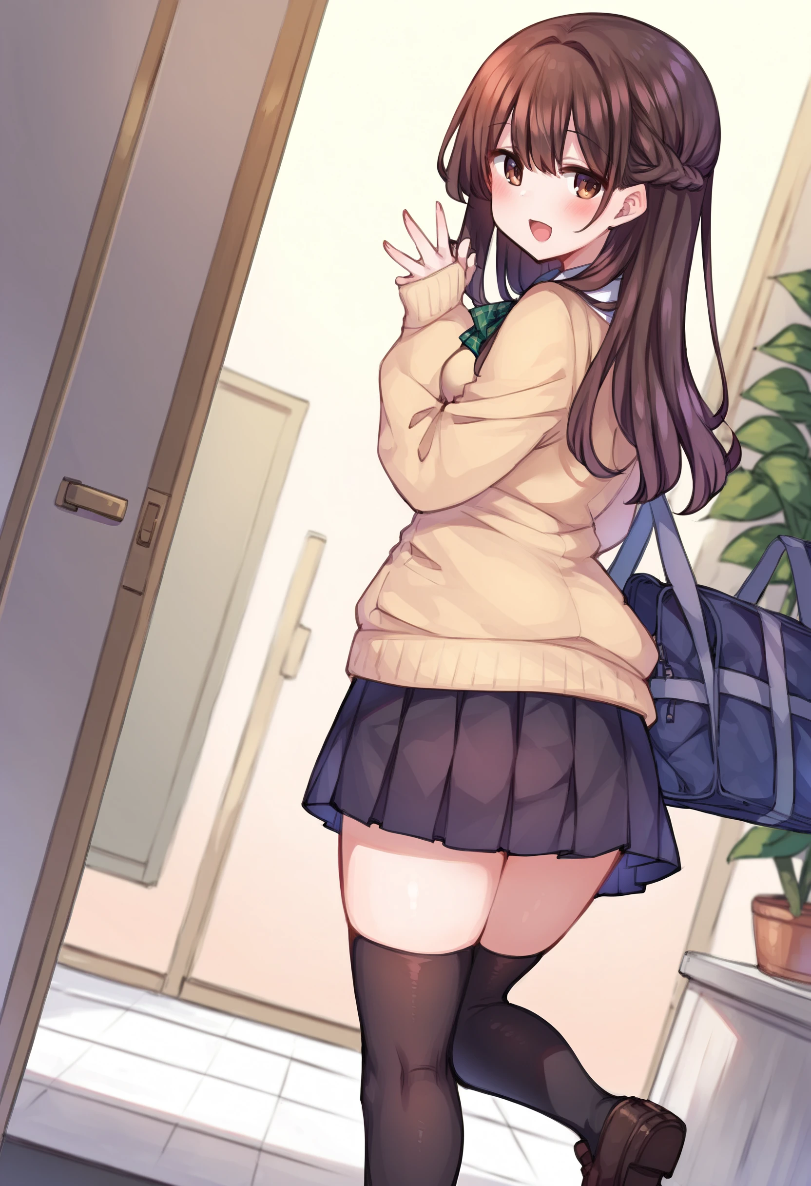 <lora:Pony_Style1052442604v2-000210:0.8>, score_9, score_8_up, score_7_up, score_6_up, score_5_up, score_4_up, 1girl, solo, skirt, long hair, thighhighs, braid, looking at viewer, indoors, brown hair, pleated skirt, black thighhighs, bangs, smile, green bow, waving, school bag, bow, shoes, school uniform, door, long sleeves, open mouth, brown eyes, standing, blush, looking back, hair bow, loafers, :d, black footwear, standing on one leg, long skirt, black skirt, hair between eyes, breasts, from behind, plant, cardigan, open door, adjusting clothes, sweater, leg up, dutch angle