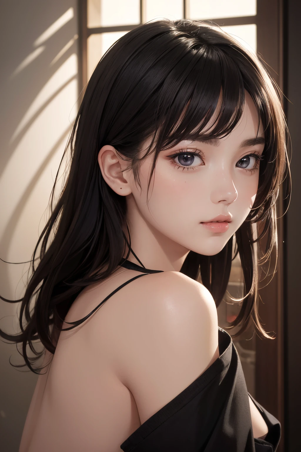 1girl, (nsfw:1.2), upper body, (masterpiece, best quality), RAW photo, 16k wallpaper, extremely detailed CG, amazing, ultra detailed, hyperrealistic, official art, High quality texture, incredibly absurdres, highres, 18 years old, cute girl, beautiful face, detailed large black eyes,