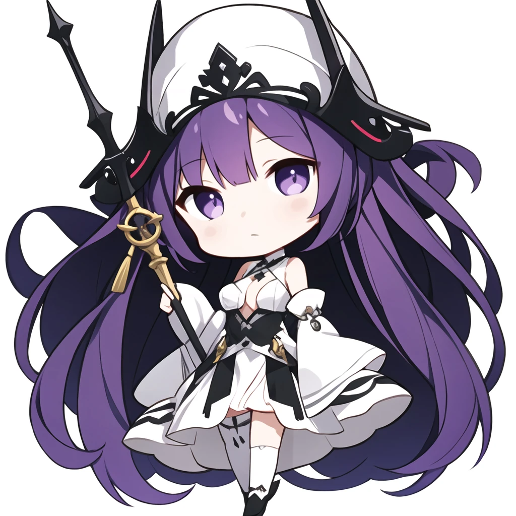 <lora:Ertouqchibi_20240428100010-000017:0.5>,Ertouqchibi,1girl,solo,chibi,purple eyes,purple hair,white headwear,flower,holding,long hair,dress,full body,staff,white background,hat,hair between eyes,white flower,white dress,holding staff,long sleeves,looking at viewer,breasts,standing,bangs,white footwear,puffy sleeves,detached sleeves,closed mouth,multicolored hair,very long hair,medium breasts,bare shoulders,