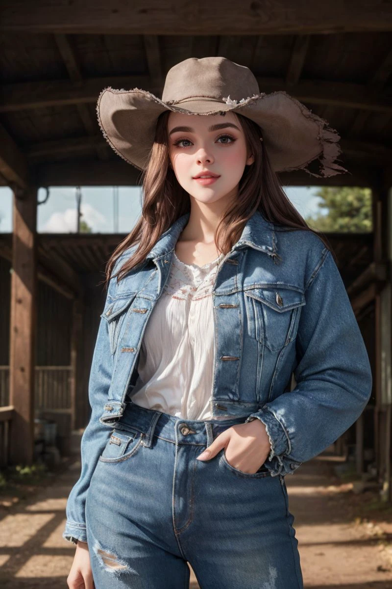 photo of S395_AlexandraPodberezskaja,a stunning woman,on a (ranch:1.1),wearing a (jacket:1.1),(distressed-jeans),(hat),(4k, RAW photo, best quality, 50mm, depth of field, ultra high res:1.1),(intricate, photorealistic, cinematic-shot, masterpiece, ultra-detailed:1.1),