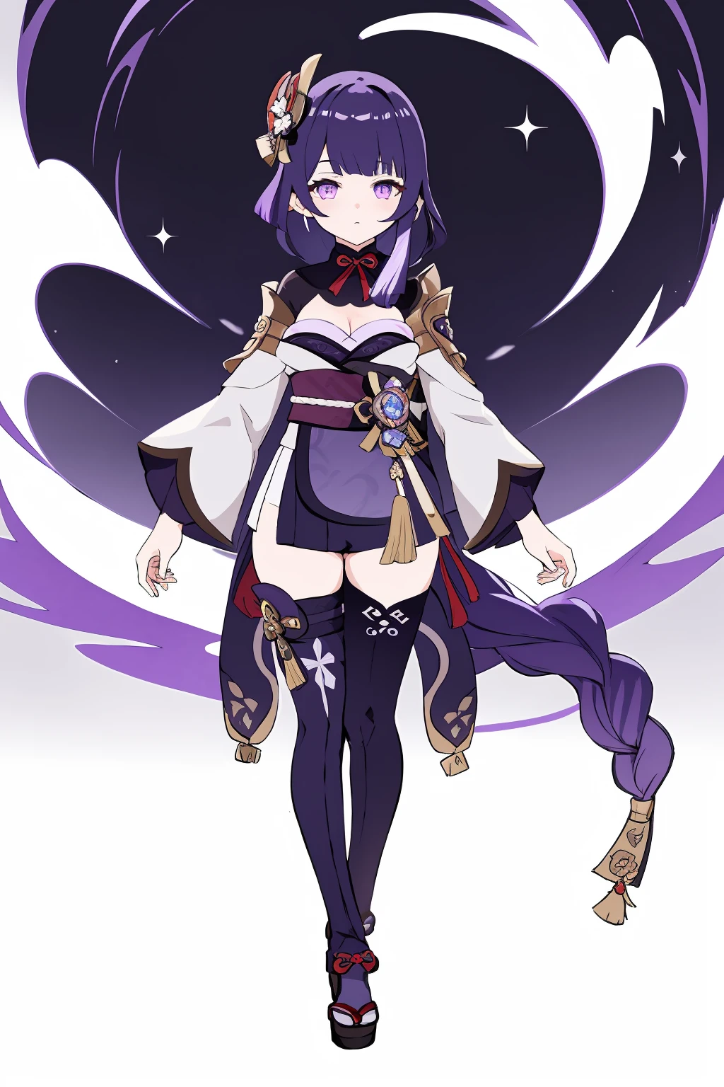 (genshin impact),1girl,solo,long hair,looking at viewer,bangs,hair ornament,long sleeves,cleavage,standing,purple eyes,full body,purple hair,braid,japanese clothes,black thighhighs,wide sleeves,armor,shoulder armor,<lora:lbc_yayi0427:0.7>,