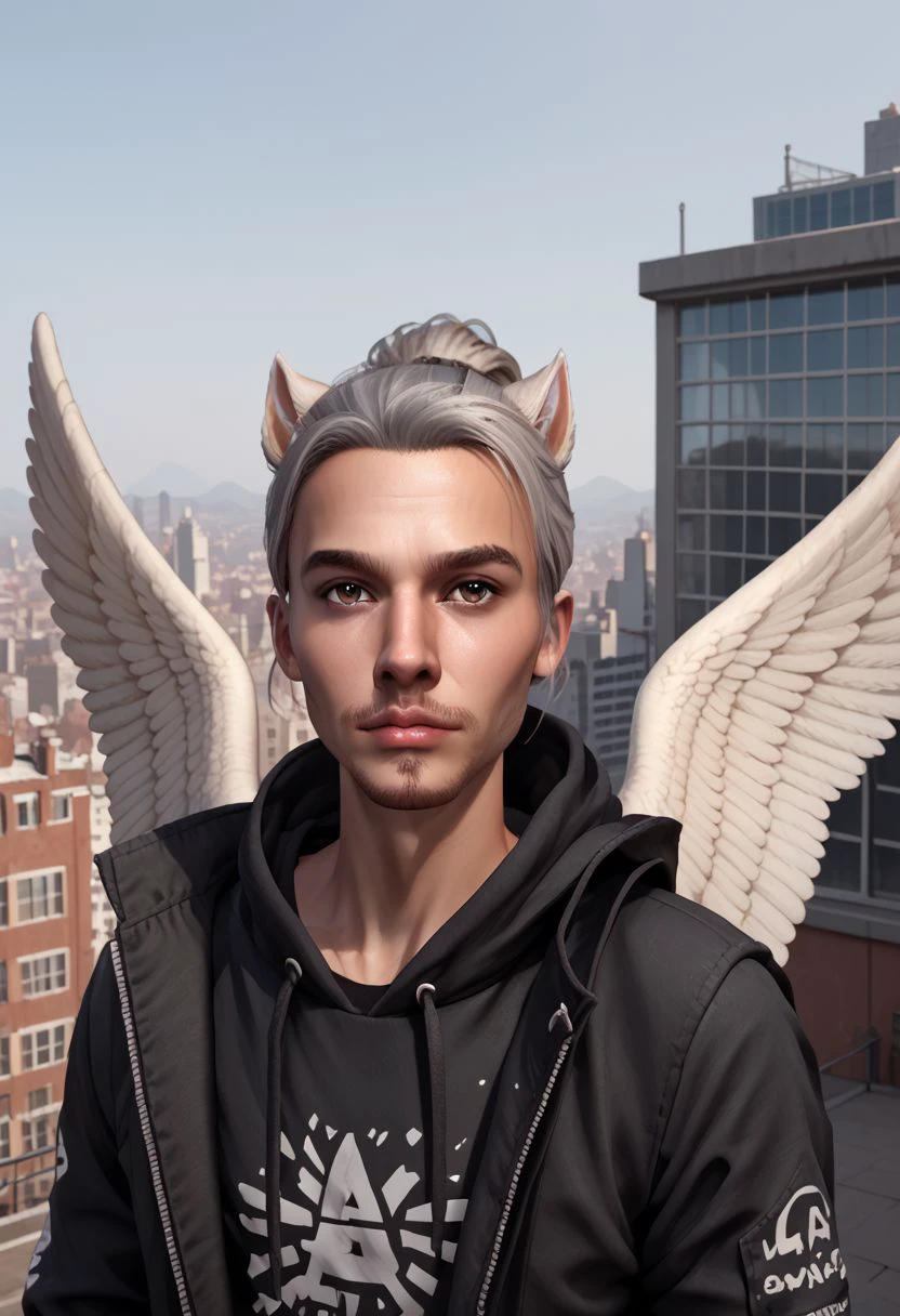 Roiadan Vanzey, solo, looking at viewer, 1boy, brown eyes, jacket, upper body, ponytail, grey hair, male focus, outdoors, shirtless, wings, feathered wings, facial hair, building, city, realistic, stubble, drawstring, PonyXLV6_Scores zPDXL