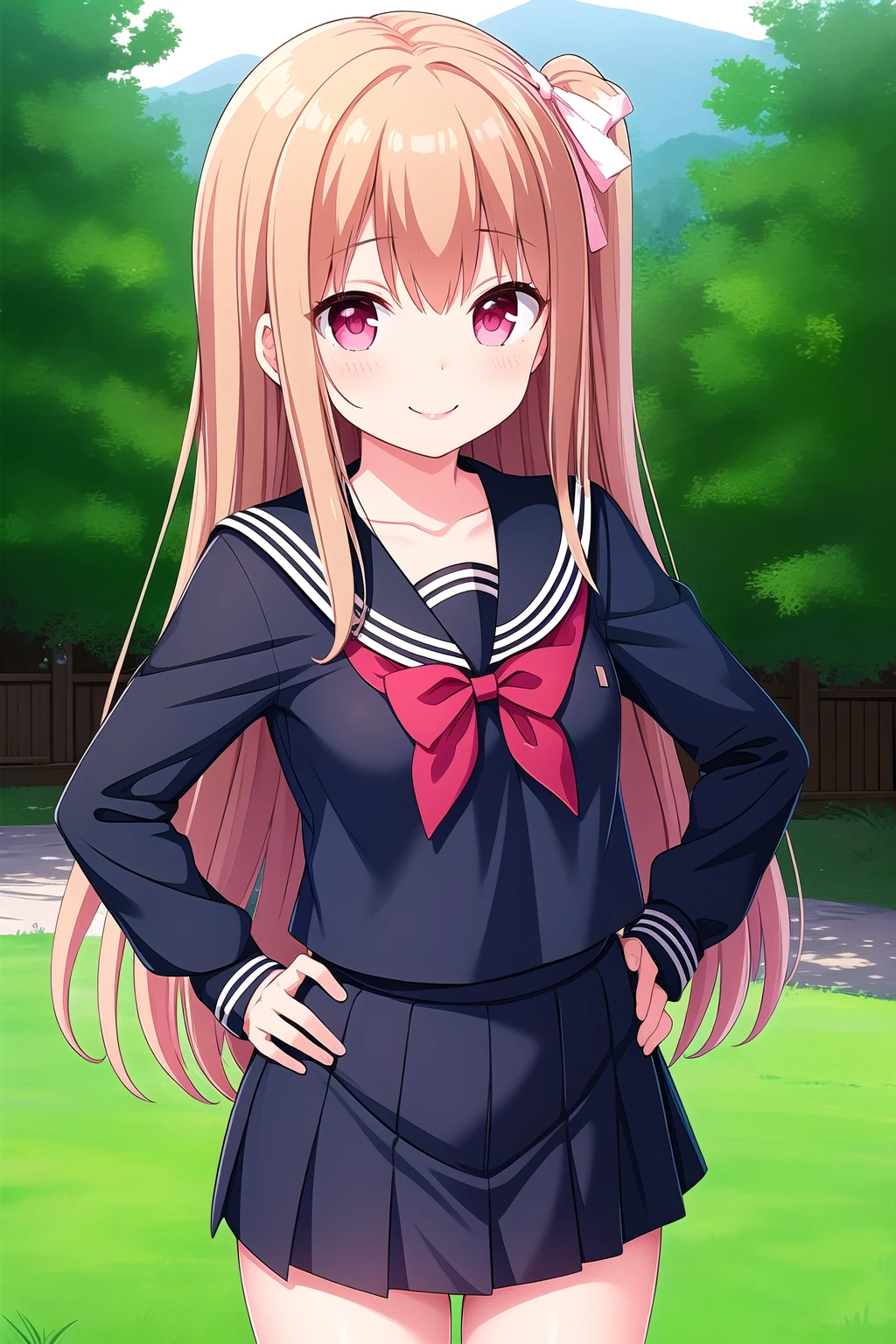 (masterpiece, best quality), highly detailed background, perfect lightingbest quality, asahinamomoko, solo, outdoors, school, light brown hair, hair ribbon, white ribbon, one side up, hair between eyes, very long hair, pink eyes, small breasts,, black serafuku, black shirt, black sailor collar, red bowtie, long sleeves, hands on hips, black skirt, pleated skirt, school uniform, smile, closed mouth, :), pink lips, <lora:Asahina-Momoko:0.7>