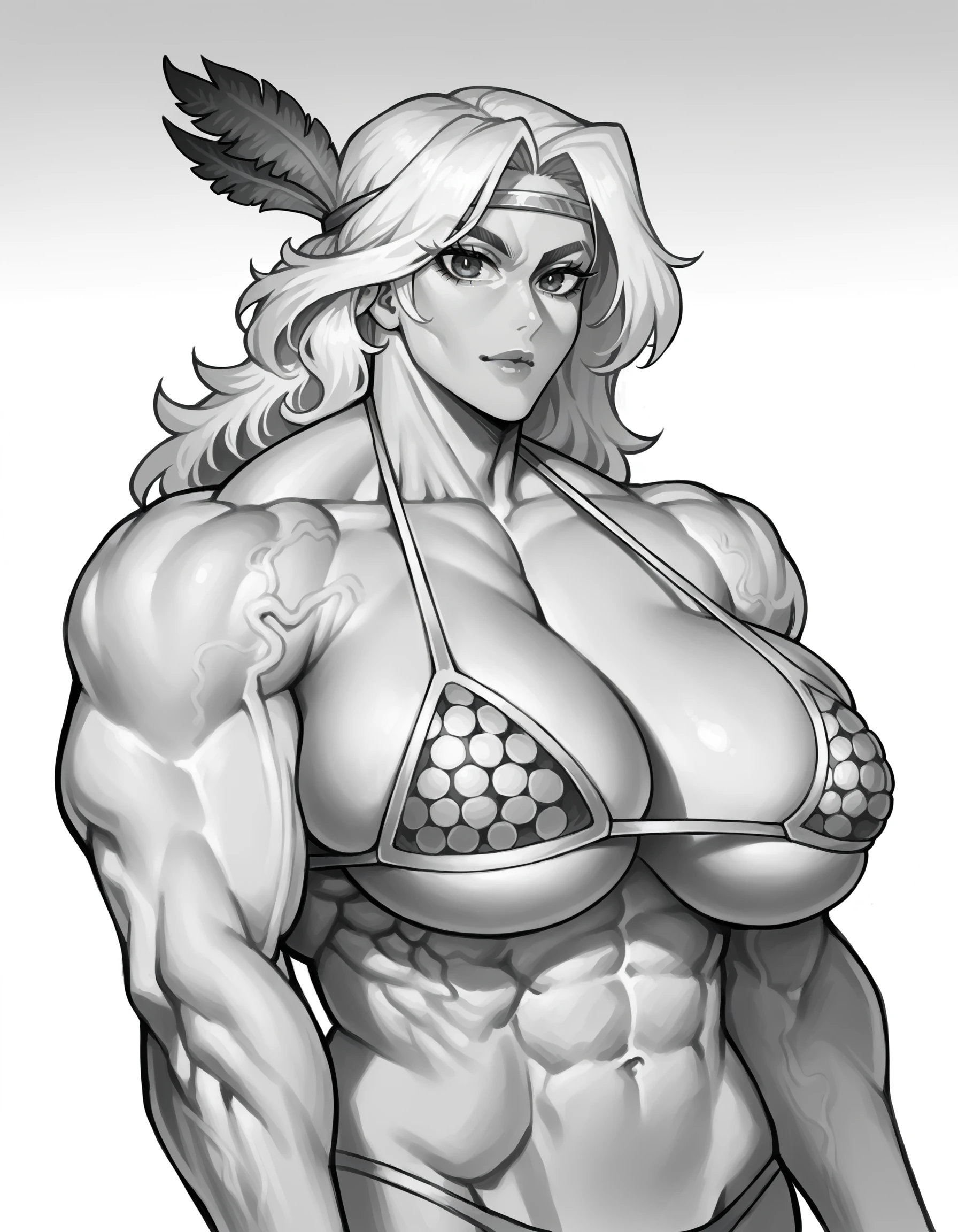 source_anime, score_9, score_8_up, score_7_up,
justsomenoobxl, muscular female, monochrome, greyscale, veins, toon \(style\),
amazonxl, 1girl, huge breasts, looking at viewer,portrait, underboob, circlet,feathers, side boob,bikini armor, long hair,upper body, 
 <lora:amazonxl:0.5> ,  <lora:justsomenoobxl:1>