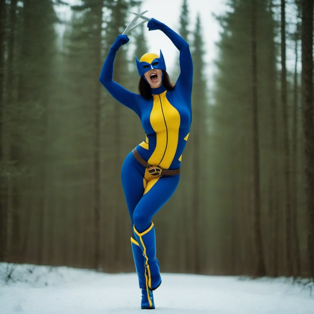 cinematic photo a full body big breast woman with a mask and a blue and yellow bodysuit, highheel high boots, screams, snowy forest <lora:X-23-1024:0.8> . 35mm photograph, film, bokeh, professional, 4k, highly detailed