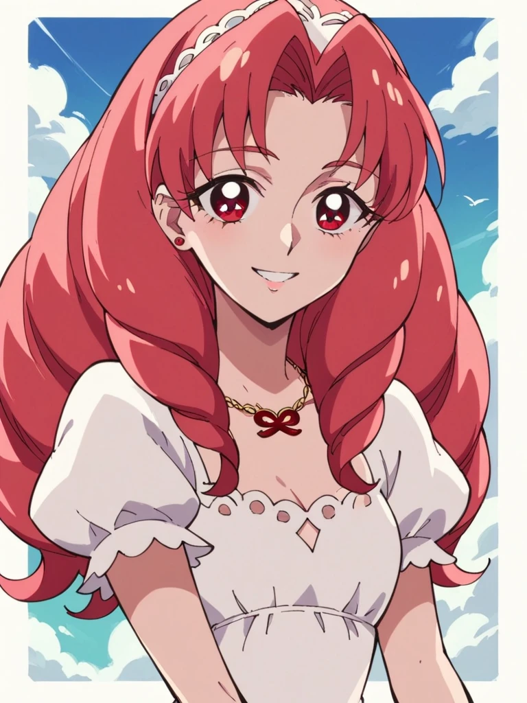 score_9, score_8_up, score_7_up, 1girl, Akagi Towa, red hair, red eyes, long hair, parted bangs, drill hair, 

smile, looking at viewer, 
white dress, puffy short sleeves, necklace, 