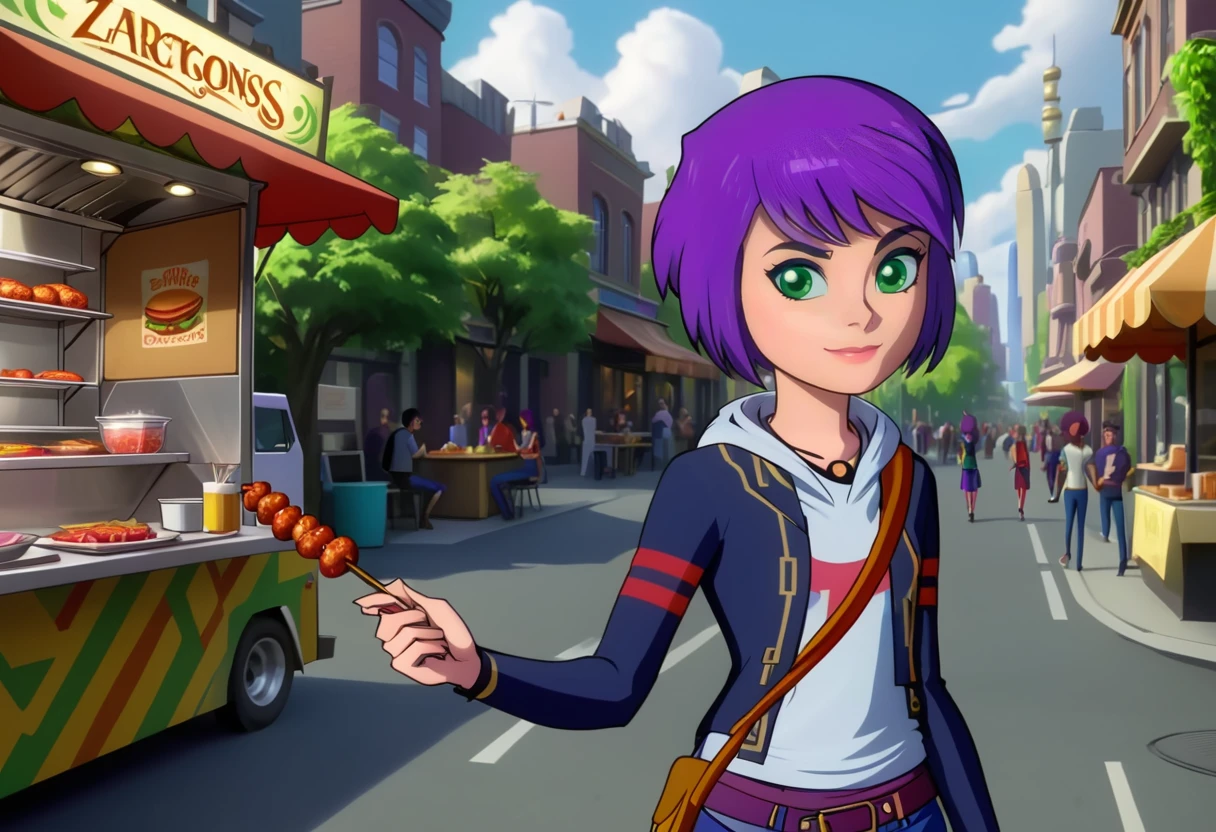 (best quality, masterpiece, absurdres, highres, ultra_detailed, dynamic angle:1.2), zarya \(mysticons\) casual outfit <lora:mysticons_zarya_casual_xl:1>, 1girl, purple hair, green eyes, holding meat skewers, at a food truck, (light smile:0.55), futuristic city suburbs, (intricate details, hyperdetailed:1.15), (ultrahigh resolution textures), bokeh, (volumetric, cinematic) lighting