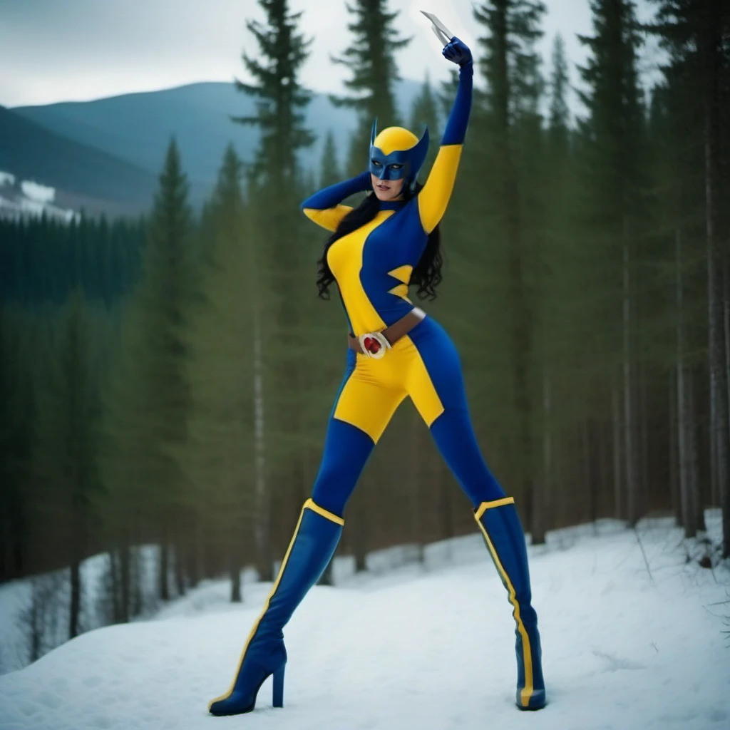 a full body big breast woman with a mask and a blue and yellow bodysuit, highheel high boots, snowy forest <lora:X-23-1024:0.8>