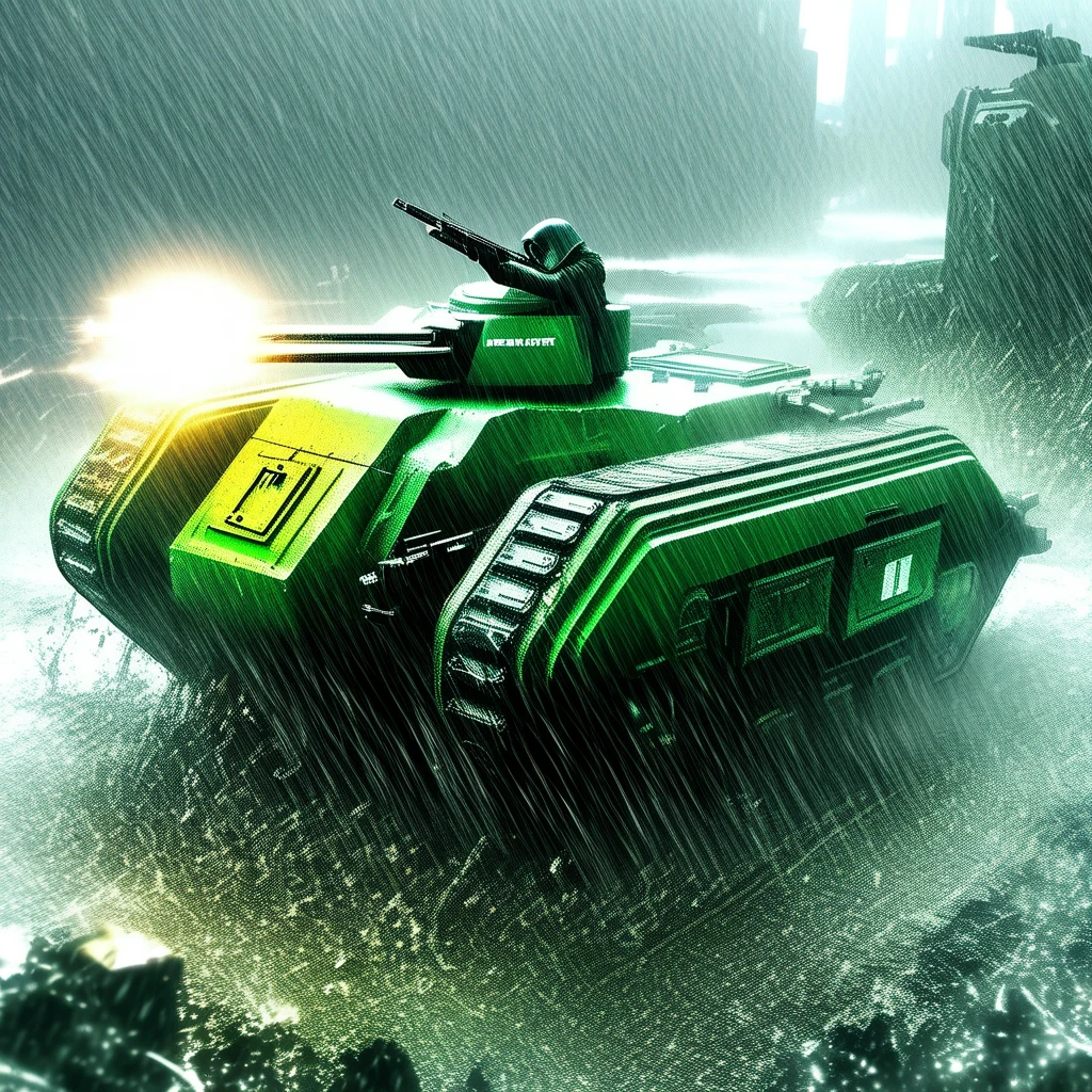 chmraifv, 1boy, dust, tank, firing, weapon, science fiction, building, cannon, rain