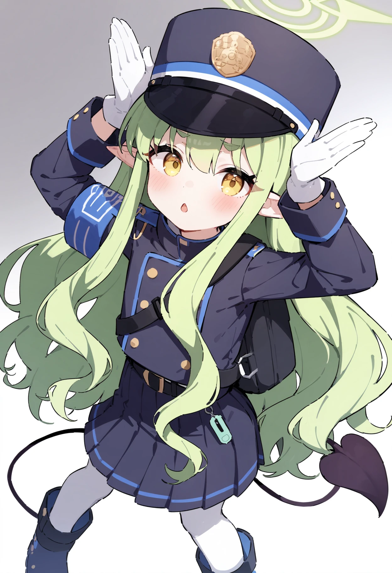 1girl, hikari \(blue archive\), blue archive, peaked cap, green hair, long hair, yellow eyes, pointy ears, white gloves, white pantyhose, demon tail, blue armband, black backpack, blue uniform, black belt, cowboy shot, belt chain, blue footwear, arms up, white background, from above, :o, masterpiece, best quality, very aesthetic, absurdres