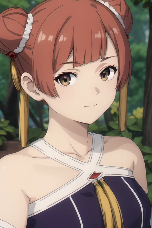 ((masterpiece)),(best quality),official art,extremely delicate and beautiful,extremely detailed CG,unity 8k wallpaper,ultra detailed,beautiful detailed eyes,extremely detailed face,outdoors,1girl,solo,upper body,(portrait:1.5),looking at viewer,facing viewer,smile,short hair,red hair,double bun,hair ornament,tassel hair ornament,yellow tassel,blunt bangs,brown eyes,collarbone,bare shoulders,halterneck,chinese clothes,purple dress,detached sleeves,medium breasts,purple boots,<lora:Laufen(snf)>,