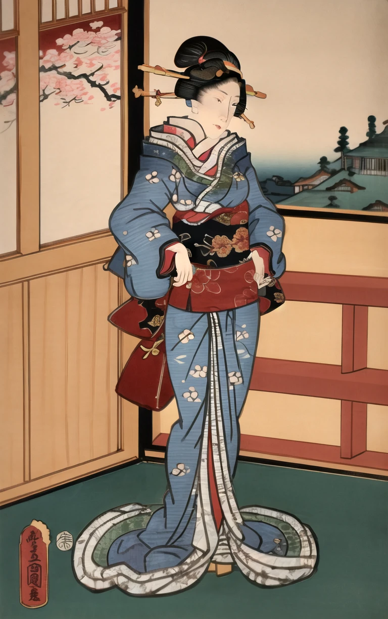 ((masterpiece, best quality)), insaneres, absurdres, solo,
ARTSTYLE_Kunisada_ownwaifu, fine art parody, japanese clothes, 1girl, blue kimono, boat, watercraft, comb, black hair, hair ornament, hair stick, kanzashi, traditional media, hand fan, east asian architecture, indoors, cherry blossoms,
(contrapposto, hand on hip)<lora:ARTSTYLE_Kunisada_ownwaifu:1>,
looking at viewer,