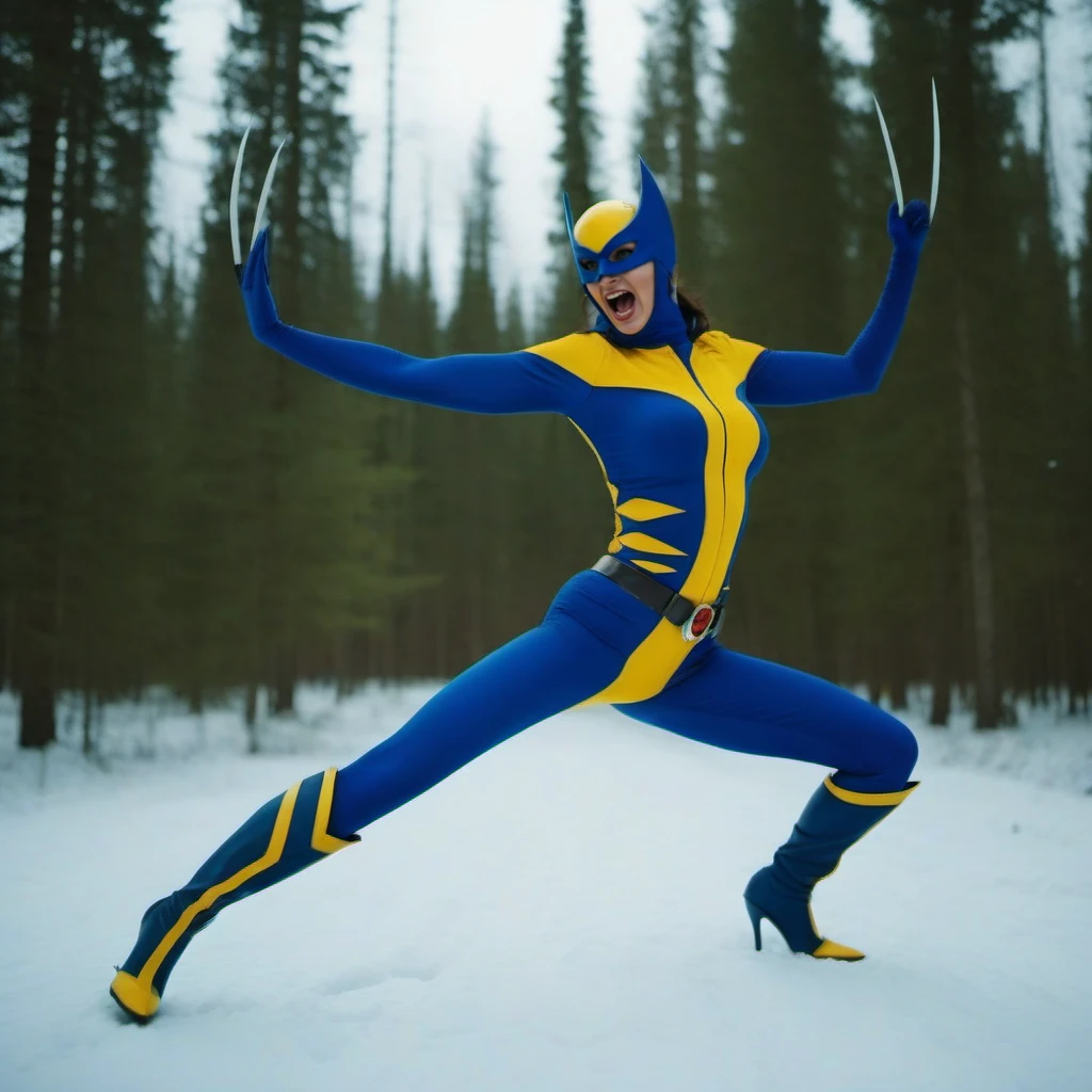 cinematic photo a full body woman with a mask and a blue and yellow bodysuit, highheel high boots, screams, snowy forest <lora:X-23-1024:0.8> . 35mm photograph, film, bokeh, professional, 4k, highly detailed