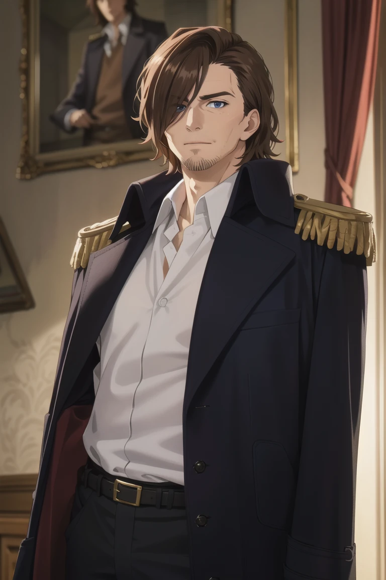 solo male, Graf Granat \(Frieren: Beyond Journey's End\), brown hair, hair parted to one side, facial hair, stubble, blue eyes, sanpaku, hair over one eye, white collared shirt, black pants, matching boots. dark blue coat, open coat, (coat over shoulders), gold epaulettes, mature, handsome, charming, alluring, standing, upper body, perfect anatomy, perfect proportions, best quality, masterpiece, high_resolution, dutch angle, cowboy shot, photo background, palace<lora:EMS-359704-EMS:0.800000>