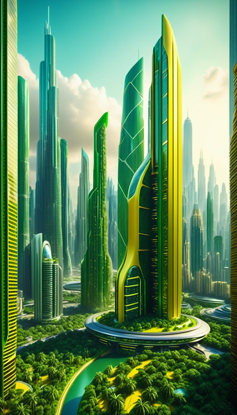 cinematic film still In the midst of a surreal landscape, a sea of vibrant greens and yellows fills the canvas, adorned with towering skyscrapers made entirely of sci-fi technology. , shallow depth of field, vignette, highly detailed, high budget Hollywood film, cinemascope, moody, epic, gorgeous, 