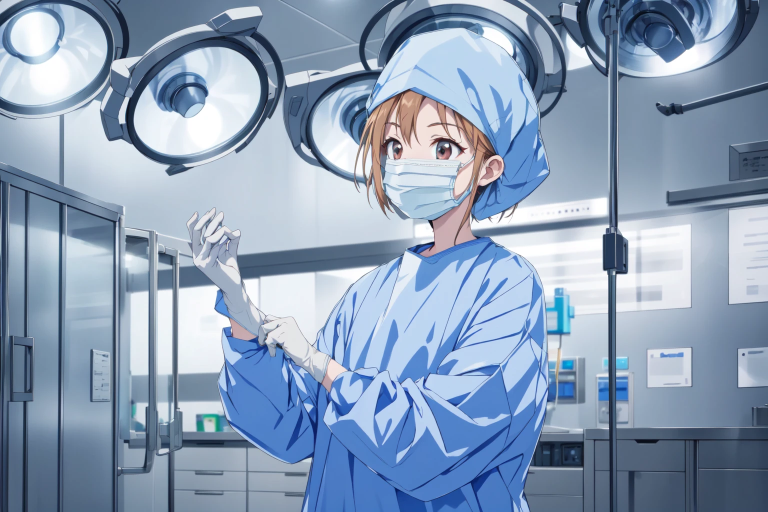 (RAW photo, best quality), 1girl, long sleeve surgical outfit, surgical mask,  surgical gloves, surgical cap,  operating room, overhead surgical light, dslr, blurred background, focused
 <lora:concept_surgery_gloving_v2_1-000005:1>, putting_on_surgical_gloves,
 <lora:shouko_dr_elise_v1_2:1> shouko