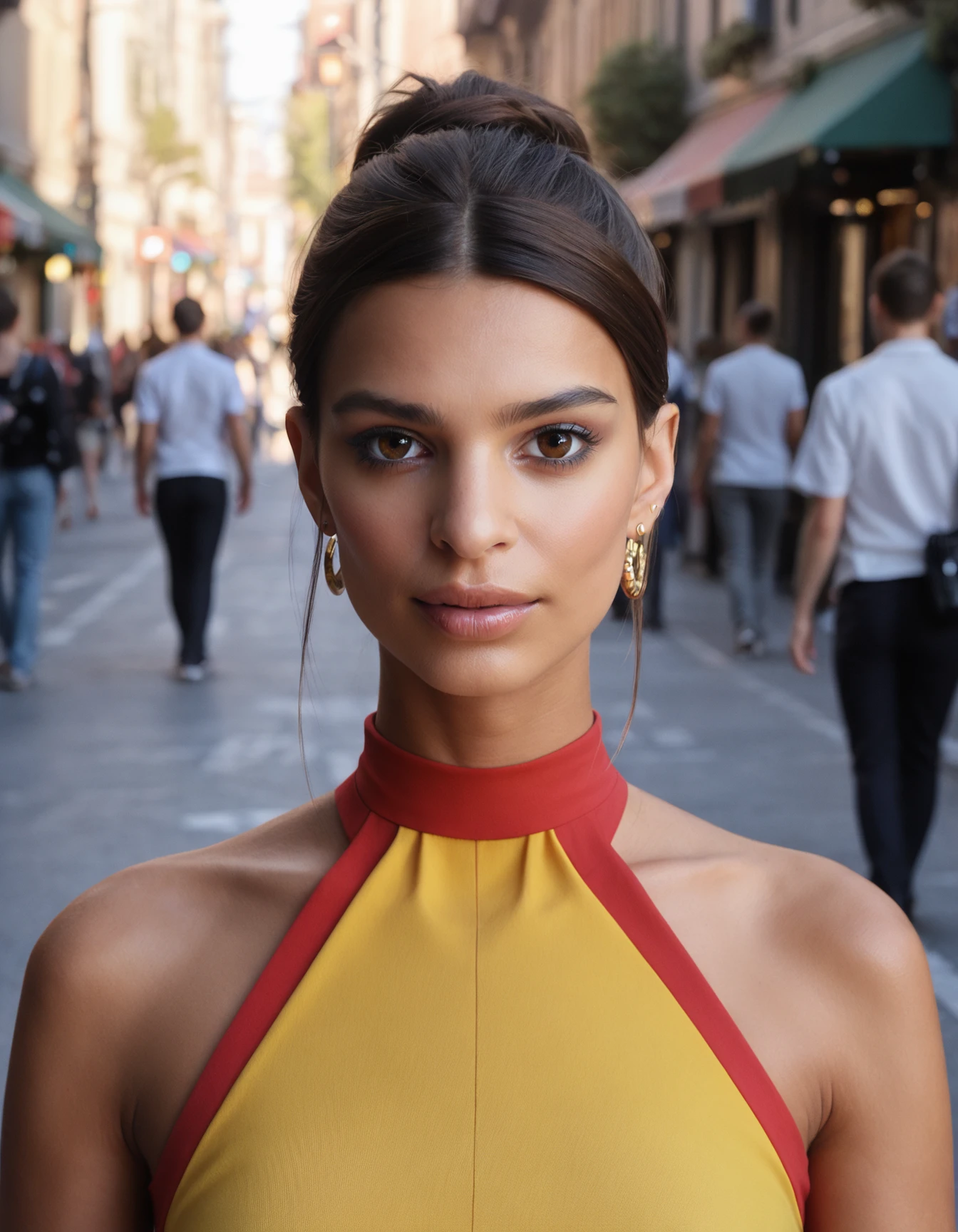 score_9, score_8_up, score_7_up, (rataj woman:1.1), portrait, front view,  upperbody closeup, symmetrical, walking in the street, wearing refined clothes, looking at the viewer,   <lora:Emily-Ratajkowski_token_rataj_woman_r64_model_EverClear_v1:1.05>