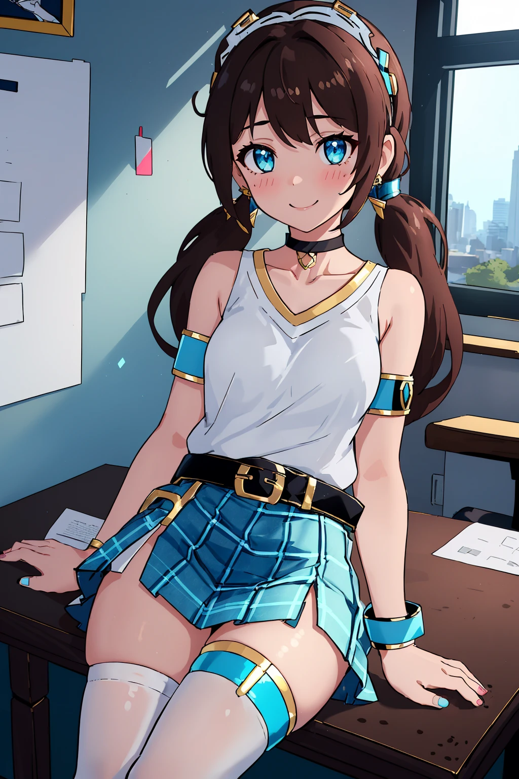 masterpiece, ultra-detailed, best quality, illustration, 8k cg wallpaper, an extremely delicate and beautiful, 1girl, solo, perfect anatomy, cute face, smiling, blushing, sparkling eyes, deep blue eyes, beautiful detailed eyes, dark brown hair, shoulder-length hair, twintails, cute hair accessories, cute earrings, cute choker, slim body, medium breasts, business outfit, perfect arms, cute arm accessories, black belt with gold buckle, light blue plaid skirt, cute thigh-high stockings, perfect legs, cute, pretty, beautiful, sexy, perfect body, (background: office, desk, chair, bulletin board, windows, intricately detailed items in background), <lora:Rime:1>