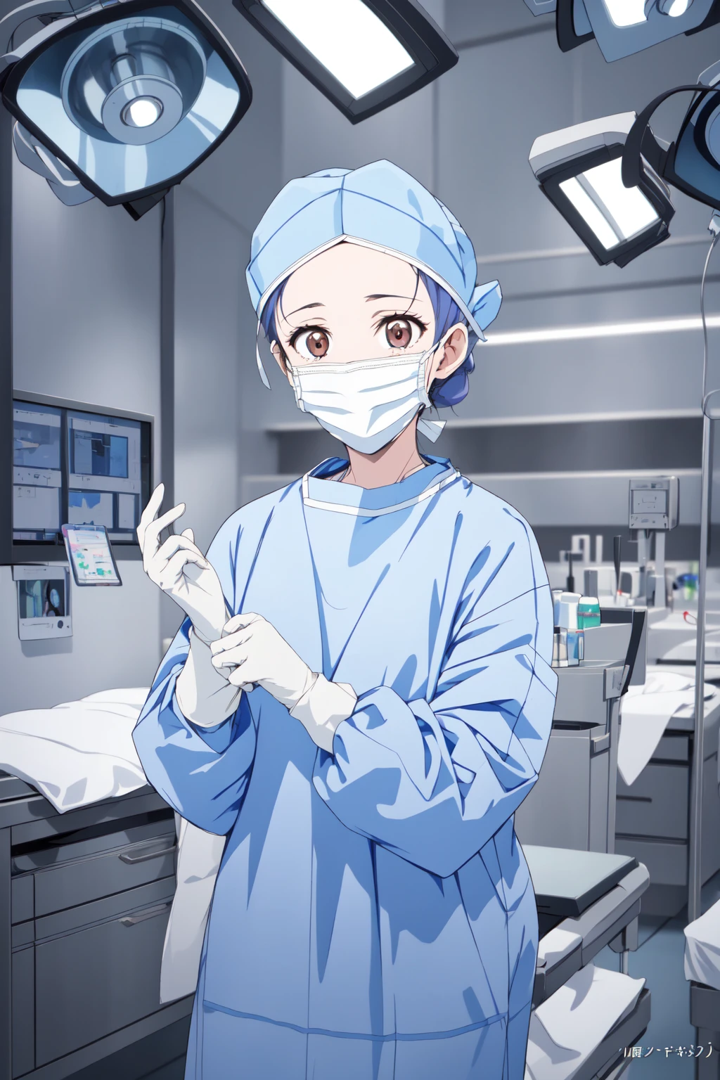 (RAW photo, best quality), 1girl, long sleeve surgical outfit, surgical mask,  surgical gloves, surgical cap,  operating room, overhead surgical light, blurred background, focused
 <lora:concept_surgery_gloving_v2_1:1>, putting_on_surgical_gloves,
 <lora:aoi_takamoto_dr_elise_v1_2:1> aoi takamoto