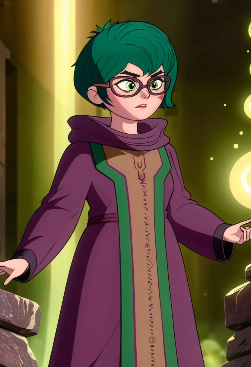 (best quality, masterpiece, absurdres, highres, ultra_detailed, dynamic angle:1.2), proxima \(mysticons\), <lora:mysticons_proxima_xl_v4:1>, 1girl, glasses, green short hair, dark brown collared robes with long sleeves, tabard, solo, alone, cartoon, cartoon style, (intricate details, hyperdetailed:1.15), (ultrahigh resolution textures), bokeh, (volumetric, cinematic) lighting