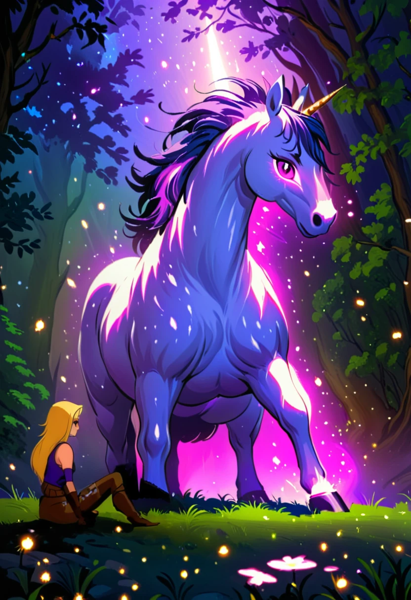 (best quality, masterpiece, absurdres, highres, ultra_detailed, dynamic angle:1.2), animal guardian, ethereal glowing pink unicorn, purple eyes, forest glade, grass, purple sky, stars, mystical atmosphere, cartoon, cartoon style, (intricate details, hyperdetailed:1.15), (ultrahigh resolution textures), bokeh, purple lighting, <lora:guardian-animal-xl:0.8>
AND emerald \(mysticons\) magic outfit <lora:mysticons_emerald_magic_xl:1>, 1girl, blonde long hair, asymmetrical (brown leather) armored right shoulder pad, choker, purple gloves, purple sleeveless chestplate, light purple belt, purple tight pants, knee pads, brown reinforced boots, sit, lotus pose, from behind