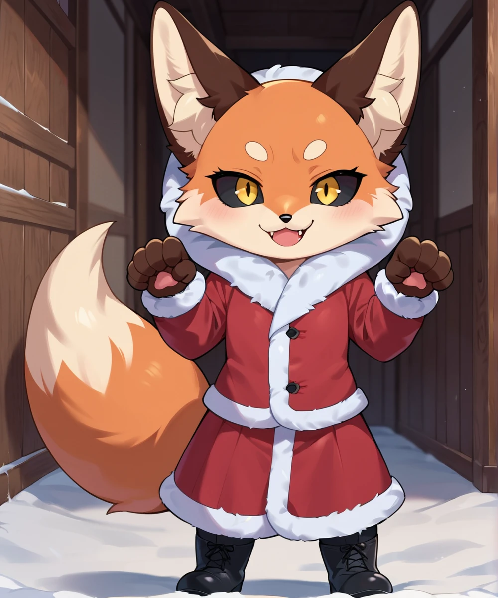 score_9, score_8_up, score_7_up, score_6_up, score_5_up, score_4_up, source_anime, furry, fox, detailed background, in snowy town, lighting, (full view:1.1),  (chibi:1.1)
BREAK 1 girl, solo,  orange fur, cowboy shot, black sclera, orange eyes,  smile,  view from up, looking at viewer, smug, (paw pose:1.1),  cute face, cute expression, (cute fangs:1.1),   fox tail, 
BREAK red jacket, fur trim,fur-trimmed jacket, black pantyhose, boots,
  <lora:Alice_SDXL-000009:1>