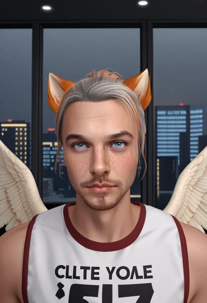 Roiadan Vanzey, solo, looking at viewer, blue eyes, 1boy, animal ears, upper body, grey hair, male focus, wings, facial hair, feathered wings, freckles, nightclub scene, windows, signs, PonyXLV6_Scores zPDXL