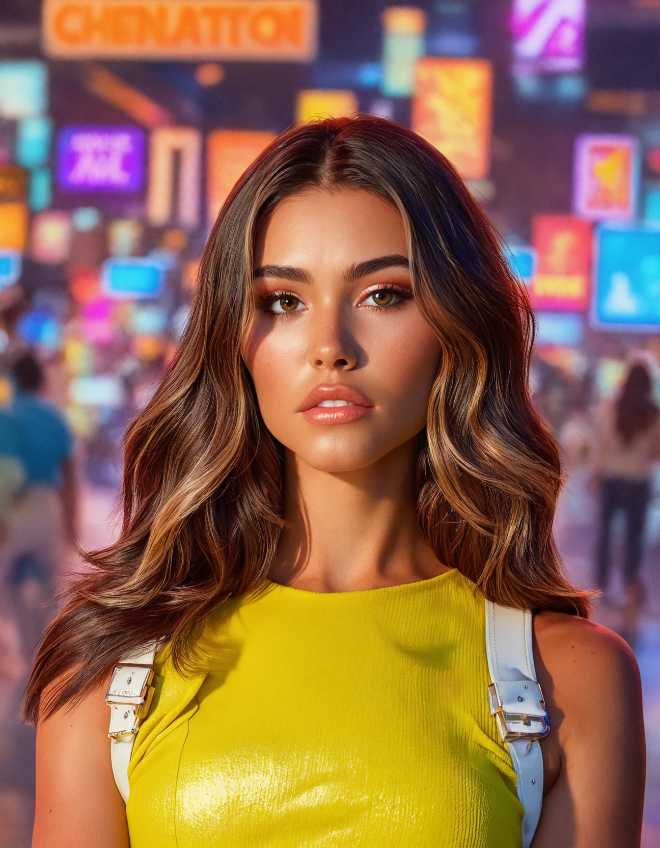 score_9, score_8_up, score_7_up, (madisonb woman:1.1) brunette, front view, upperbody closeup, portrait, walking in the city, wearing refined clothes, looking at the viewer,   <lora:Madison-Beer_token_madisonb_woman_r64_model_EverClear_v1:1.1>