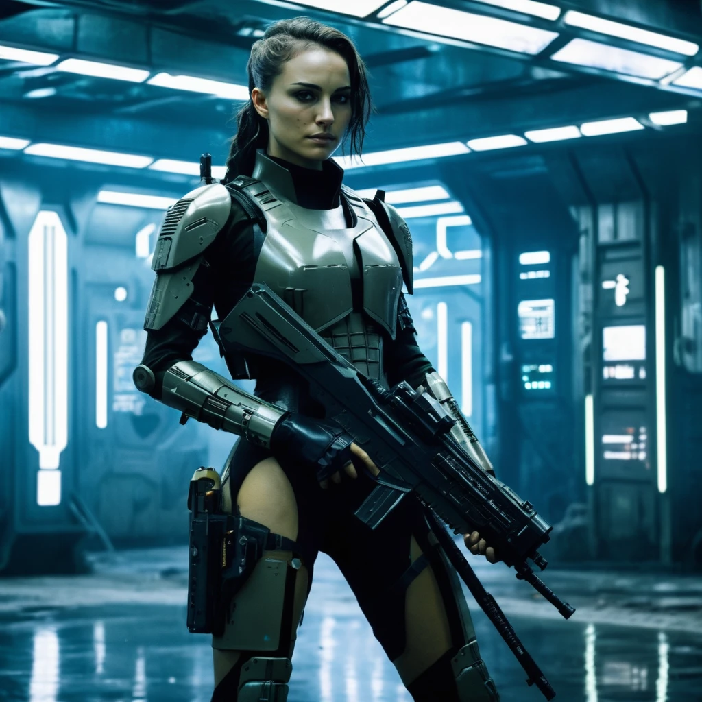 A female soldier in the yea 2436 ith futuristic cybernetik enhaneets and utuisti weaponry, dystopian background, natxportman, <lora:natportman_gpt4_juggernautX_2_wocap-merger_21_65_83_04_02_04-natxportman:1.1>