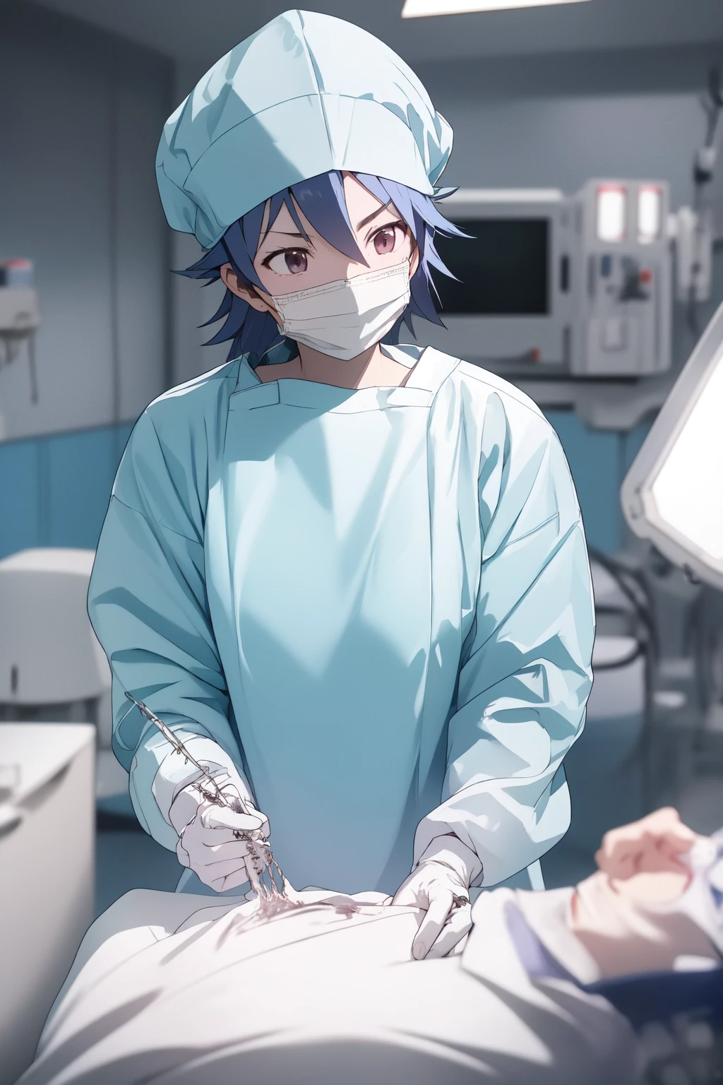 (RAW photo, best quality), 1girl, long sleeve surgical outfit, surgical mask,  surgical gloves, surgical cap,  operating room, overhead surgical light, dslr, blurred background, focused
<lora:triage_x_sayo_hitsugi_v1_2:1.3>, sayo hitsugi (triagex), 
 <lora:concept_clothing_surgical_outfits_scrub_nurse_v2_1:0.7> scrub_nurse