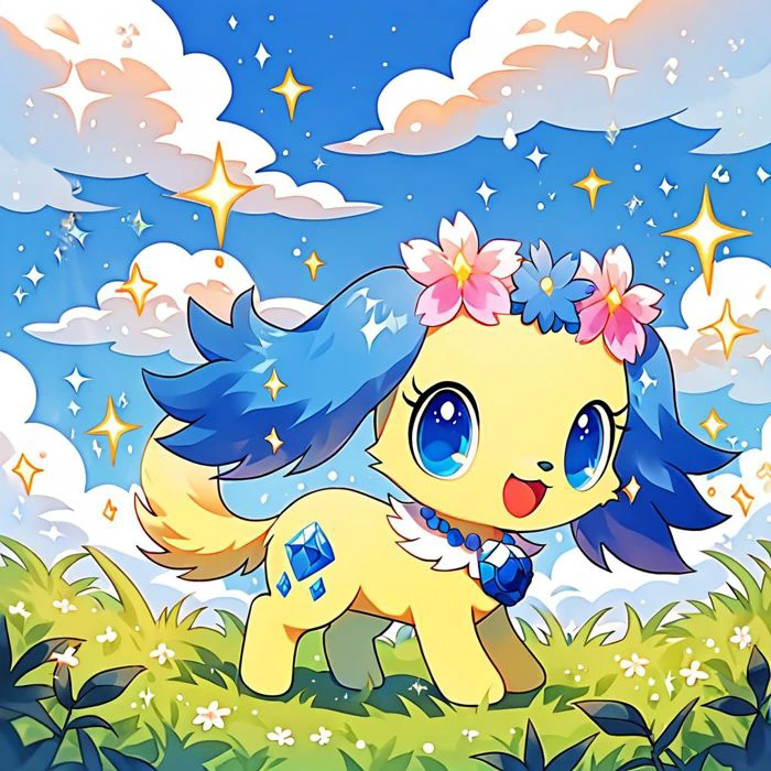 score_10, score_9_up, score_8_up, 
jewel pet,sapphie,looking at viewer,smile,open mouth,blue eyes,blue hair,:d,pokemon (creature),dog, no humans,sparkle,:3,creature,yellow fur, grassland, blue sky, white clouds
 <lora:jewel_petPony:0.8>