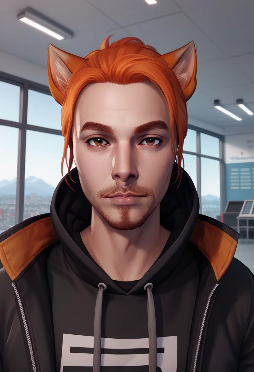Roiadan Vanzey, solo, looking at viewer, 1boy, animal ears, brown eyes, upper body, male focus, indoors, cat ears, hood, orange hair, facial hair, beard, airport scene, windows, PonyXLV6_Scores zPDXL