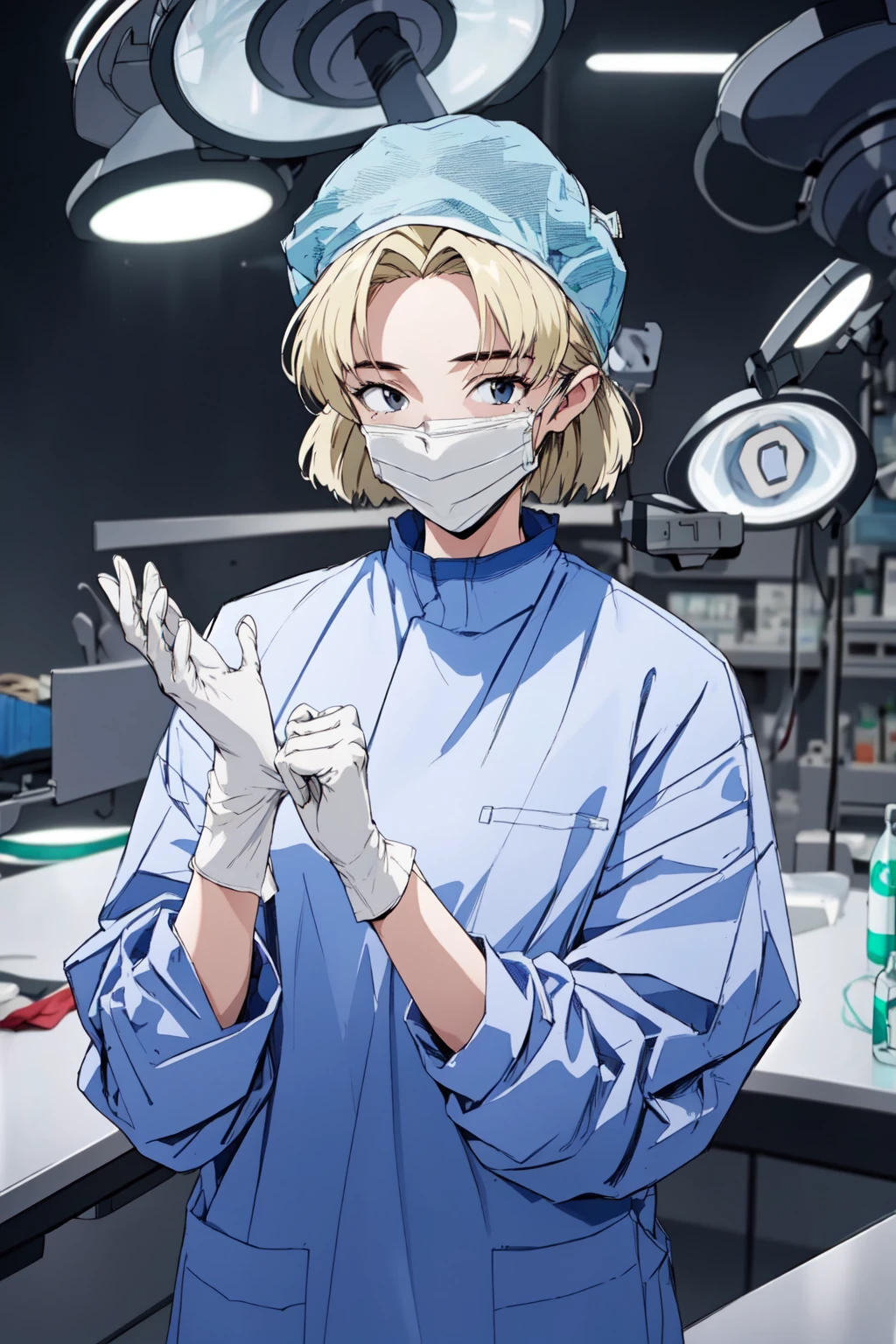 (RAW photo, best quality), 1girl, long sleeve surgical outfit, surgical mask,  surgical gloves, surgical cap,  operating room, overhead surgical light, blurred background, focused
 <lora:concept_surgery_gloving_v2_1:1>, putting_on_surgical_gloves,
 <lora:evangelion_ritsuko_akagi_v2_2:1> ritsuko akagi, blonde,